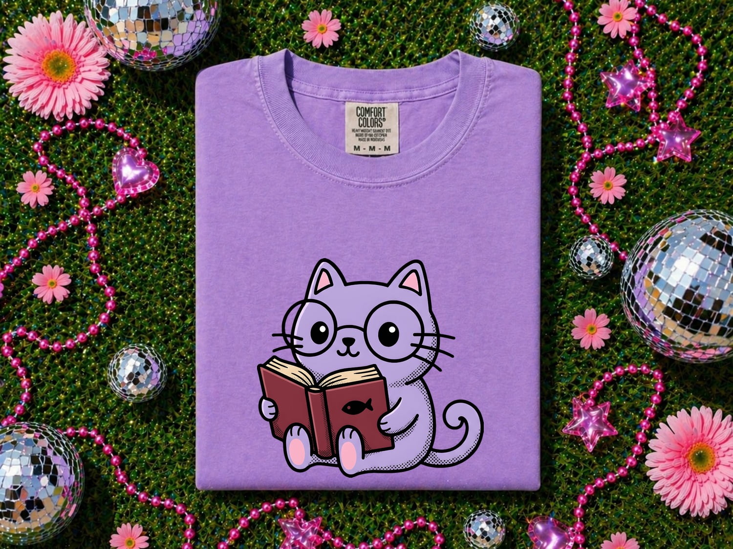 Cat Reading Shirt for Women – Kawaii Bookworm Kitten Cartoon Graphic Tee