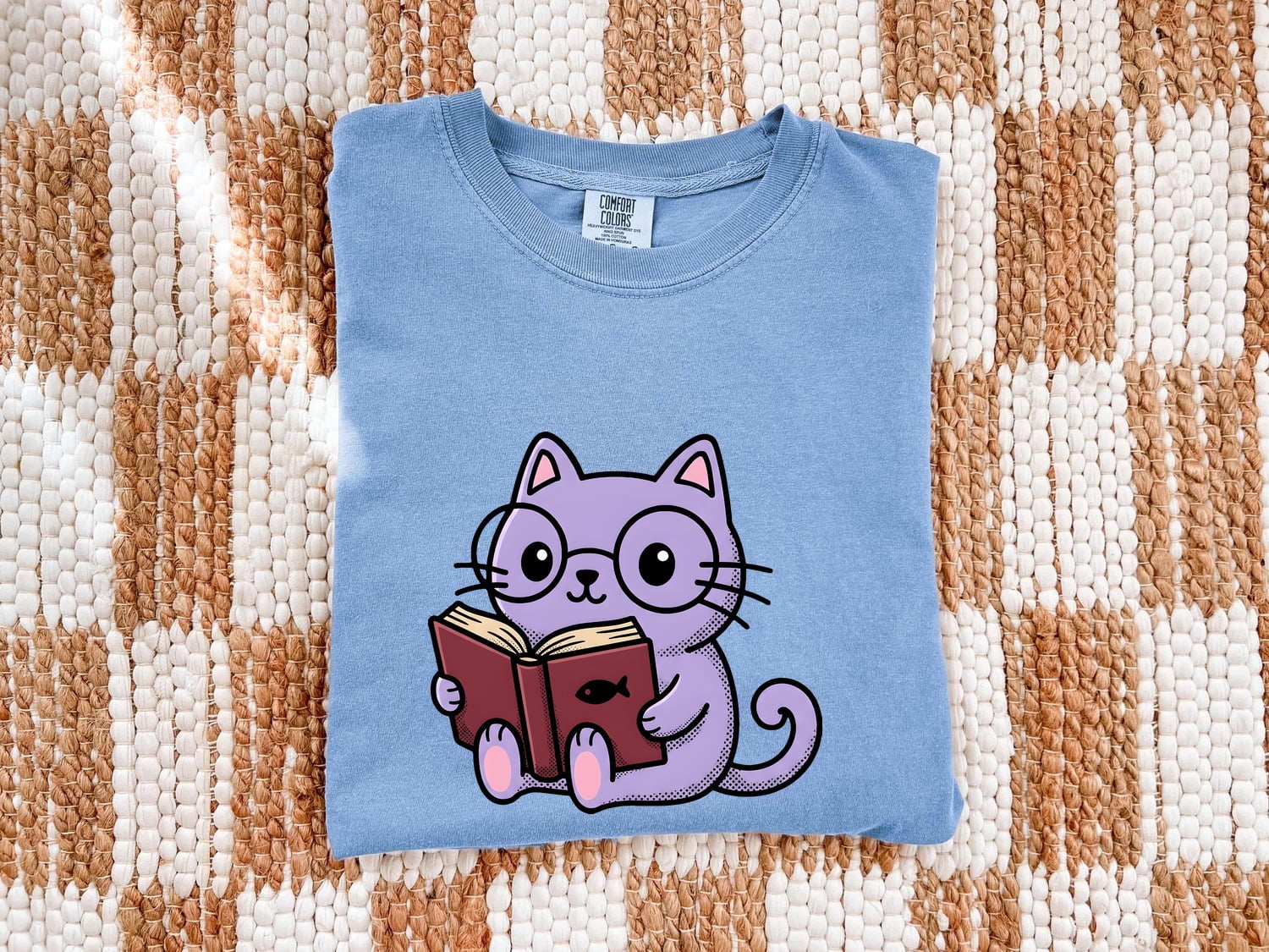Cat Reading Shirt for Women – Kawaii Bookworm Kitten Cartoon Graphic Tee