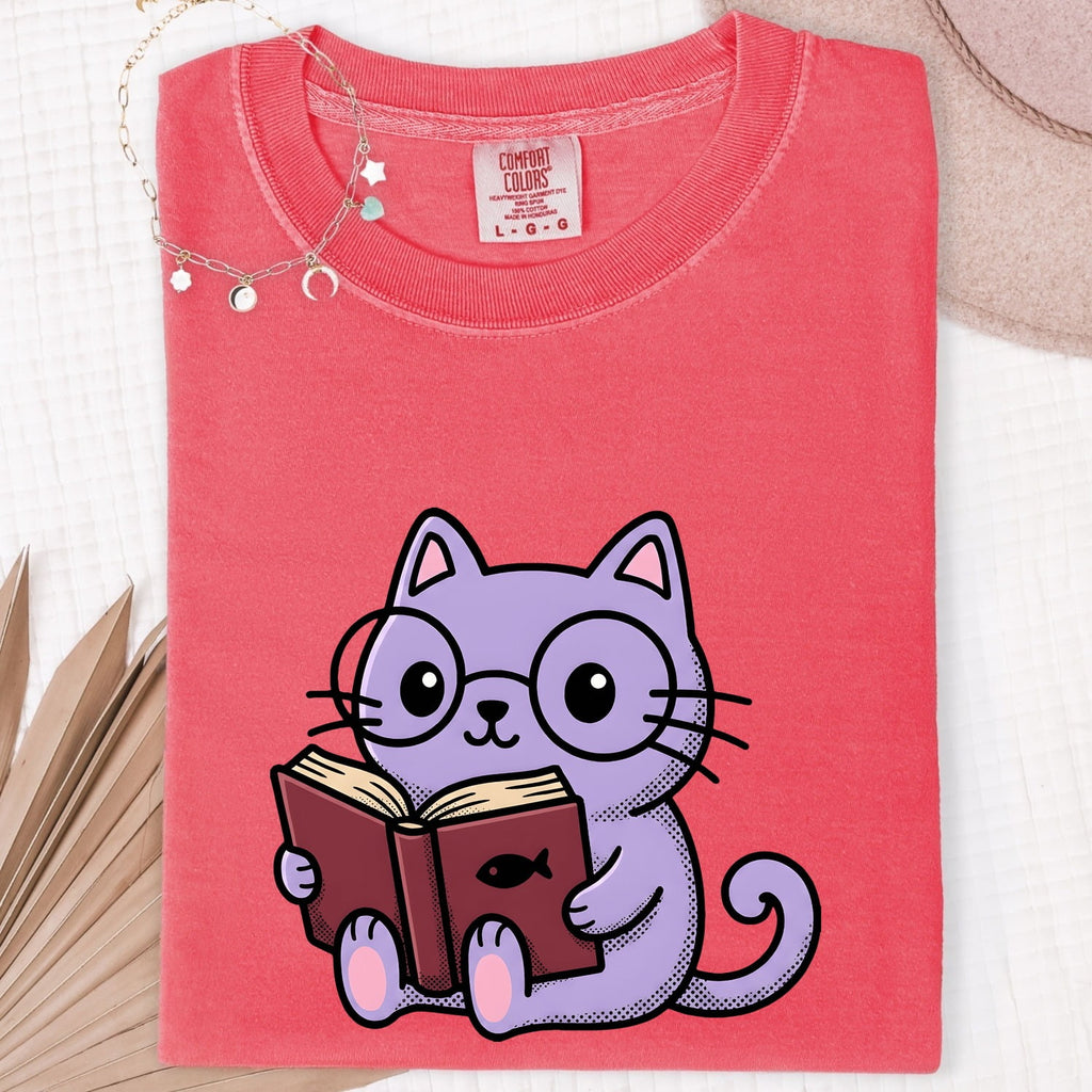 Cat Reading Shirt for Women – Kawaii Bookworm Kitten Cartoon Graphic Tee