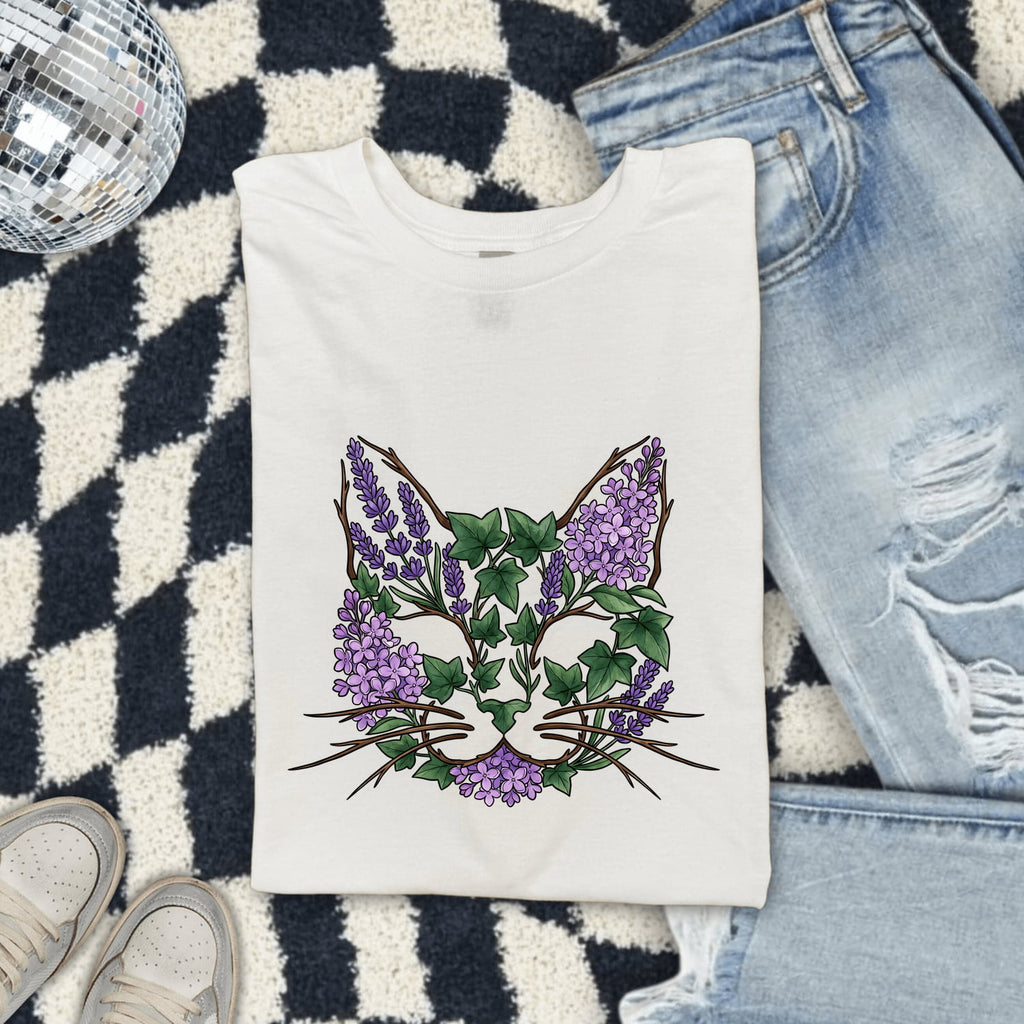 Cat Flower Shirt for Women – Botanical Sketch Floral Kitty Graphic Tee