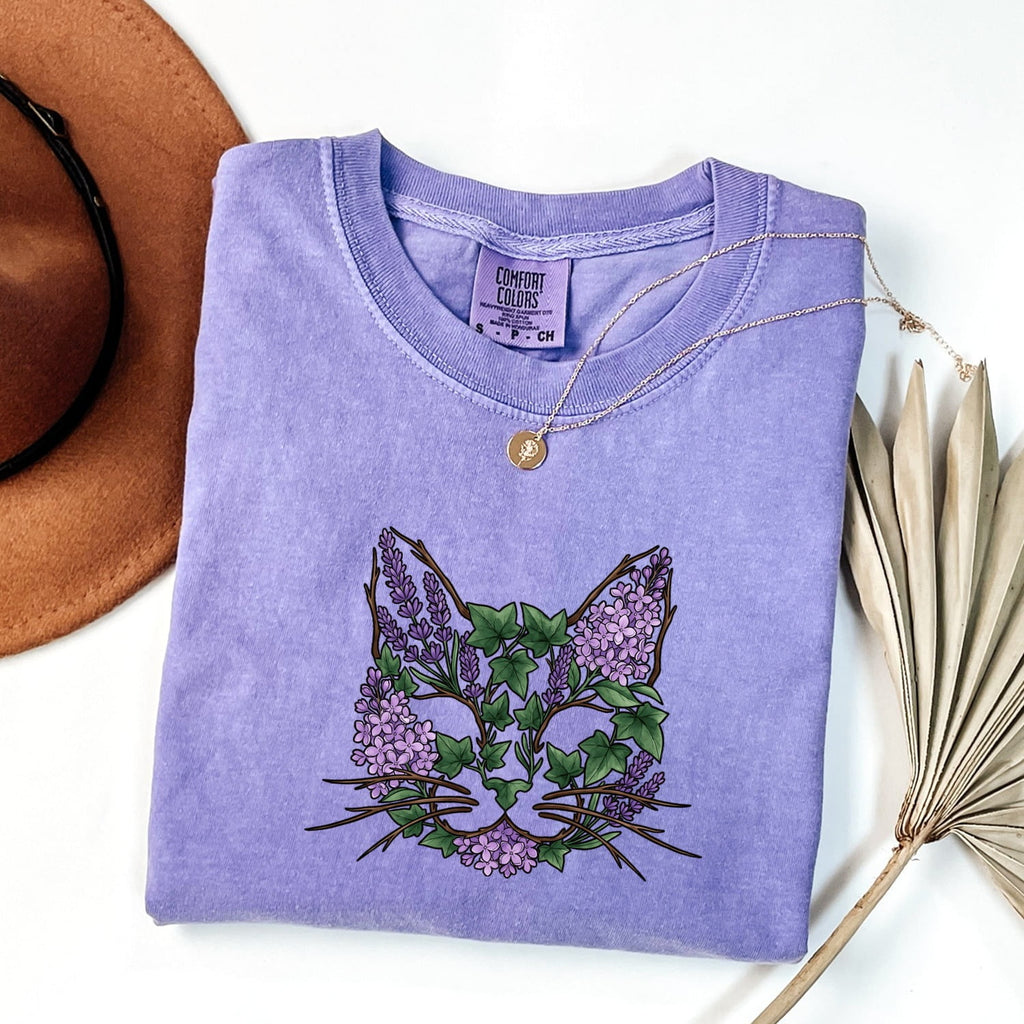 Cat Flower Shirt for Women – Botanical Sketch Floral Kitty Graphic Tee