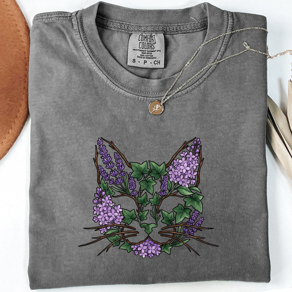 Cat Flower Shirt for Women – Botanical Sketch Floral Kitty Graphic Tee