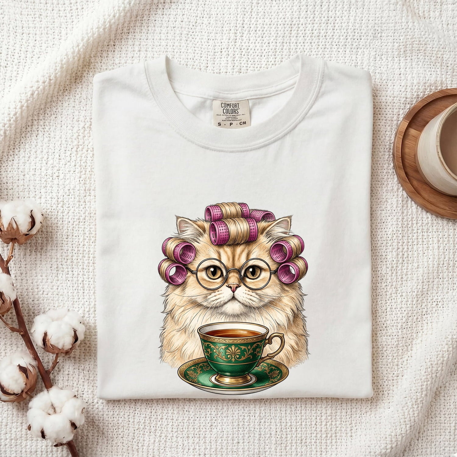 Cat Tea Mug Shirt for Women – Minimalist Reading Glasses Kitten Graphic Tee