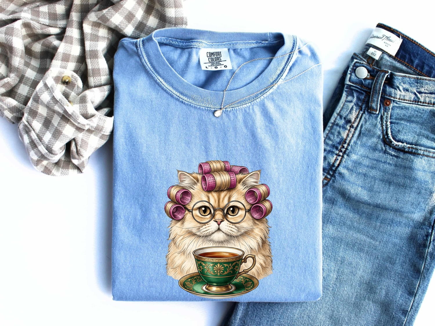 Cat Tea Mug Shirt for Women – Minimalist Reading Glasses Kitten Graphic Tee