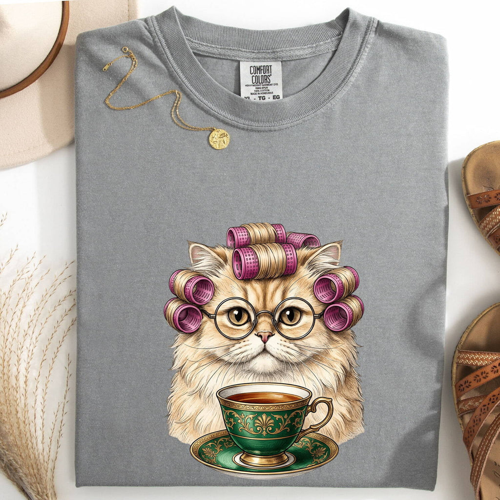 Cat Tea Mug Shirt for Women – Minimalist Reading Glasses Kitten Graphic Tee
