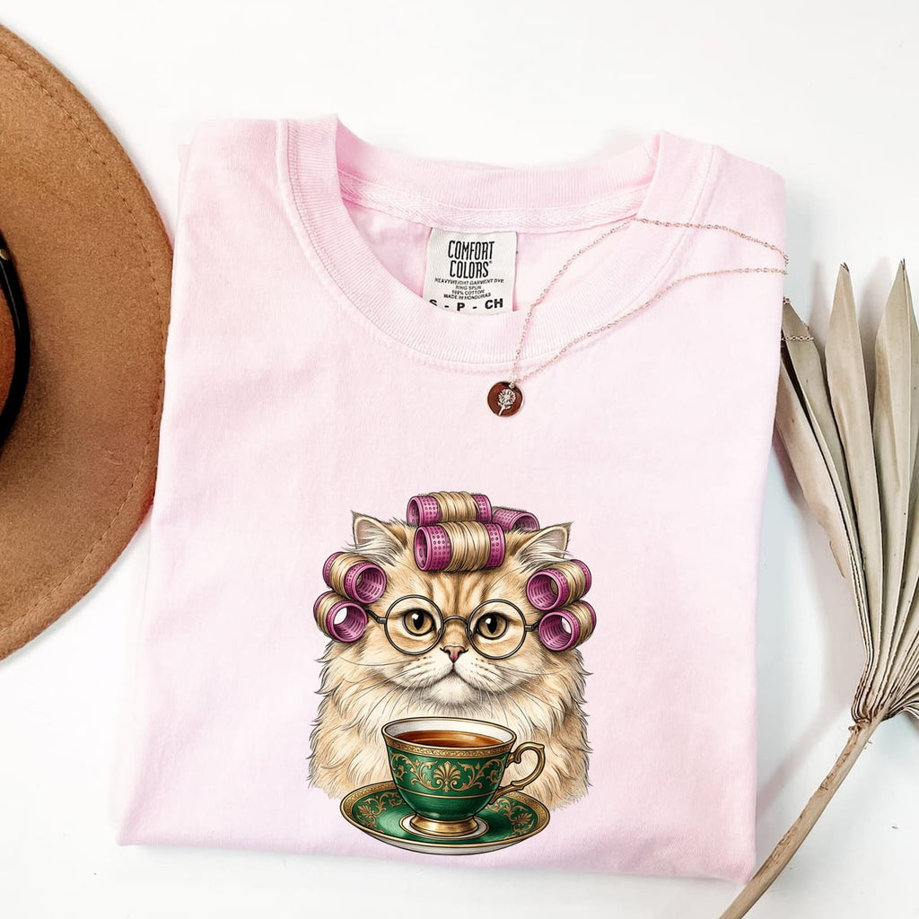 Cat Tea Mug Shirt for Women – Minimalist Reading Glasses Kitten Graphic Tee