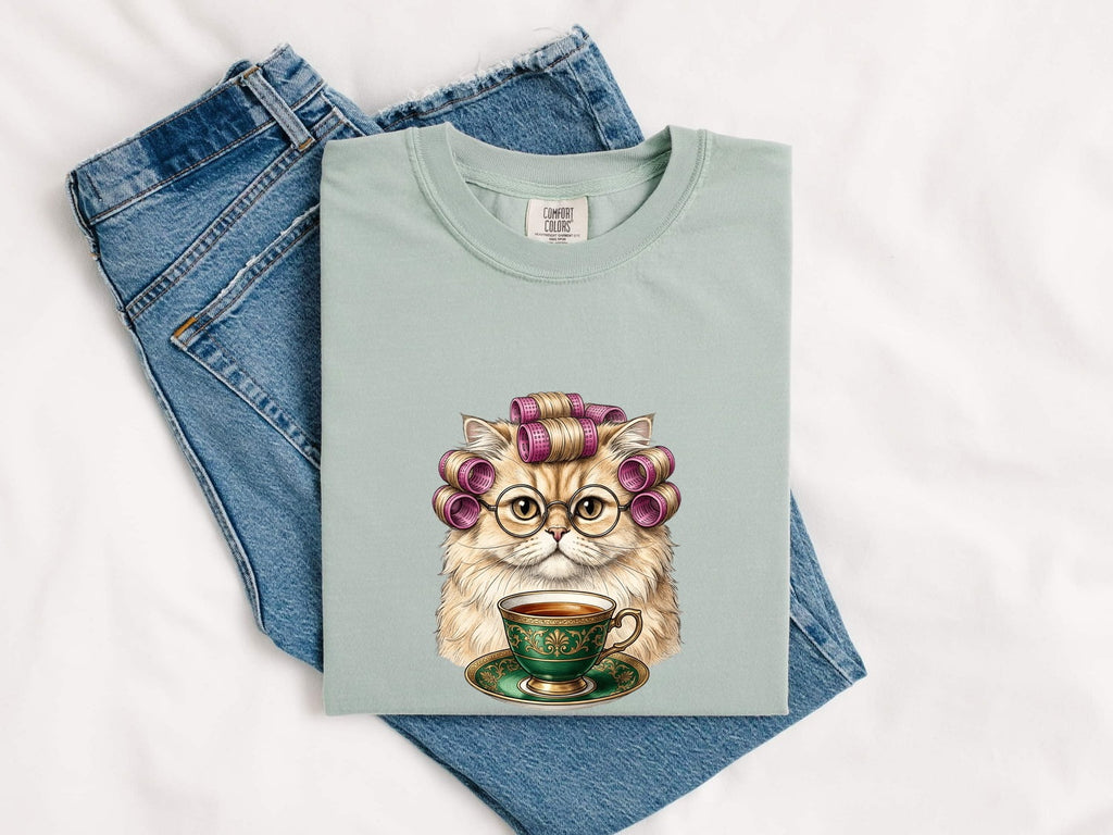 Cat Tea Mug Shirt for Women – Minimalist Reading Glasses Kitten Graphic Tee