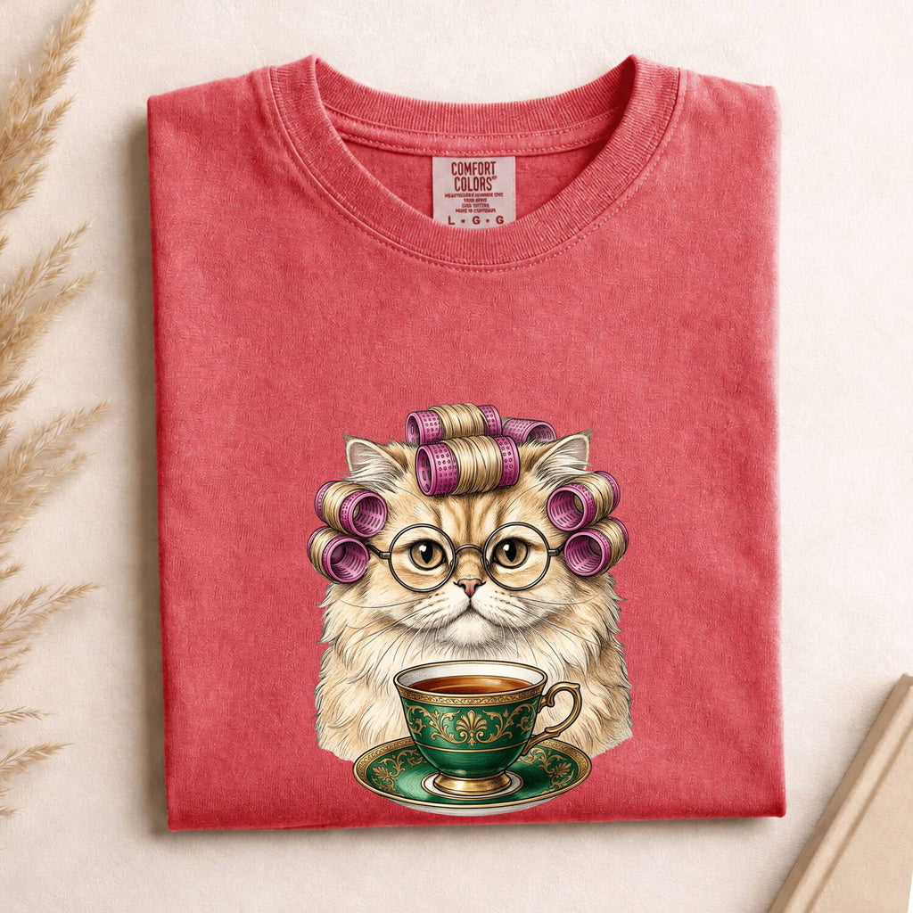 Cat Tea Mug Shirt for Women – Minimalist Reading Glasses Kitten Graphic Tee