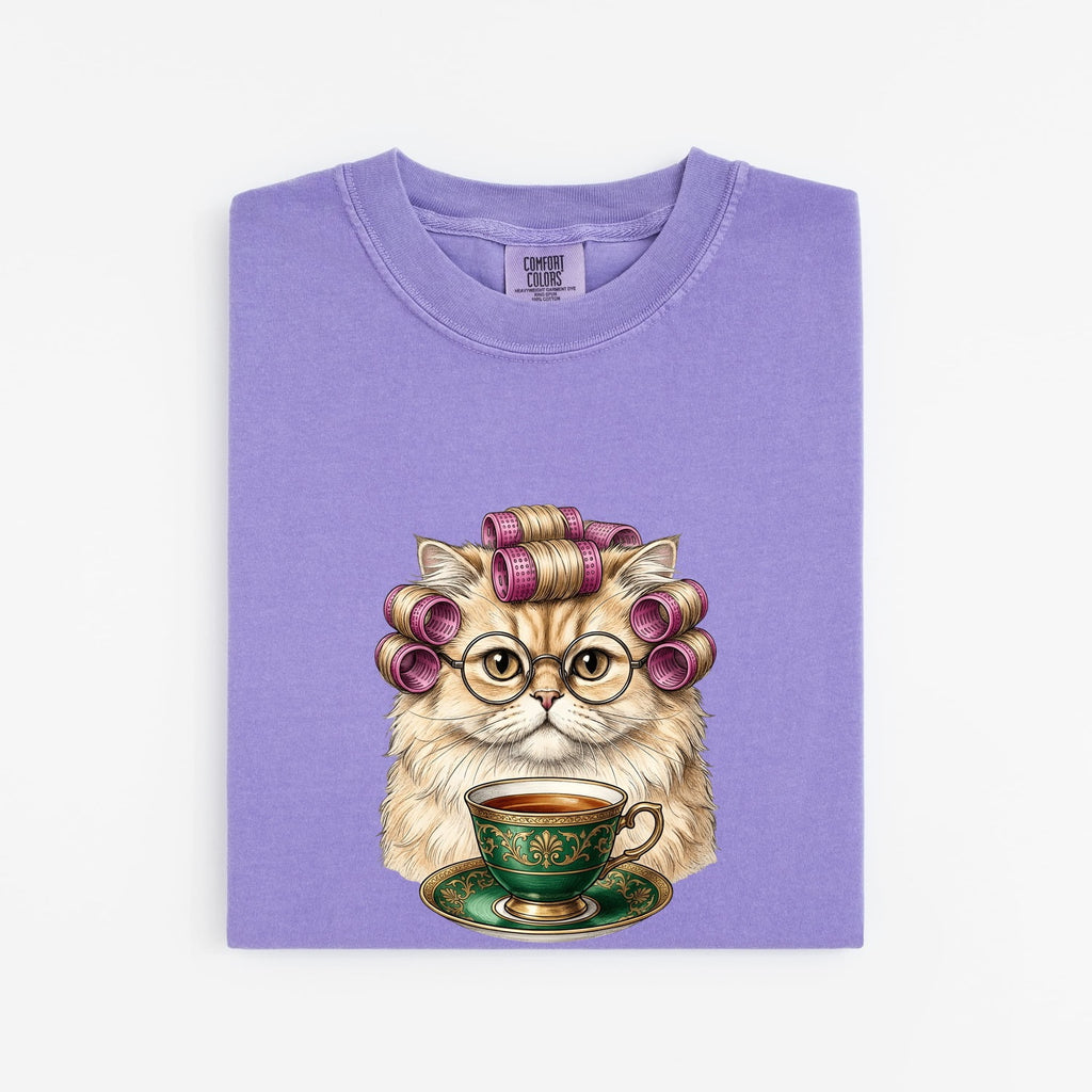 Cat Tea Mug Shirt for Women – Minimalist Reading Glasses Kitten Graphic Tee