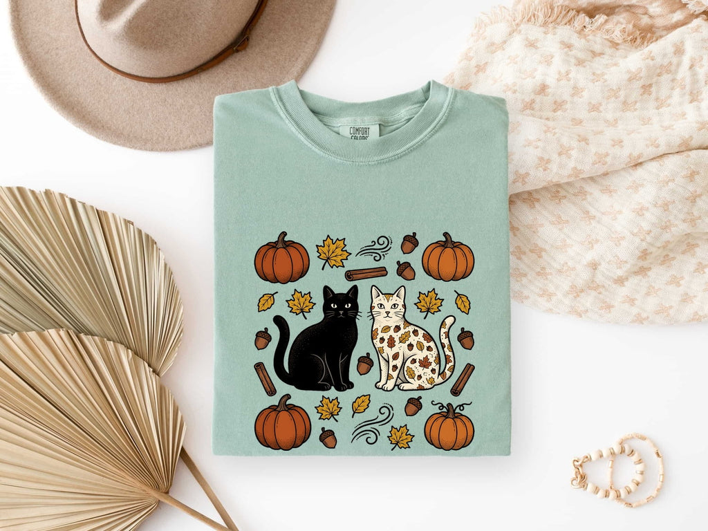 Fall Cats Shirt for Women – Retro Autumn Harvest Kittens & Gourds Graphic Tee