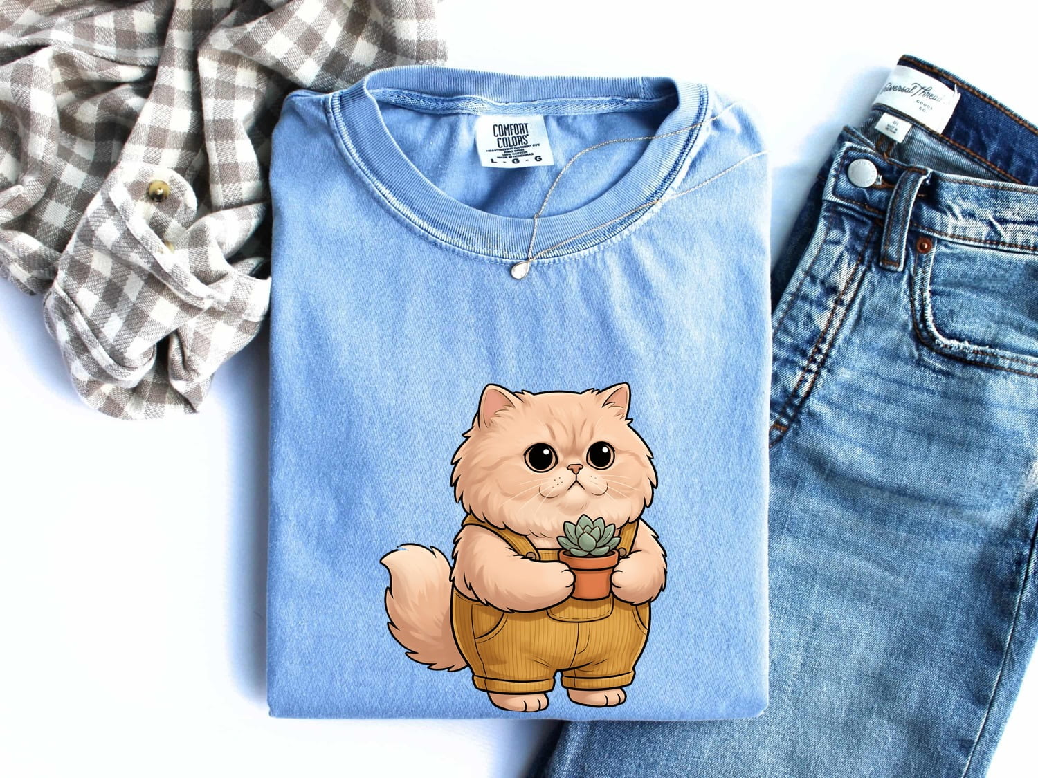 Fluffy Cat Shirt for Women – Floral Succulent Garden Kitten Graphic Tee