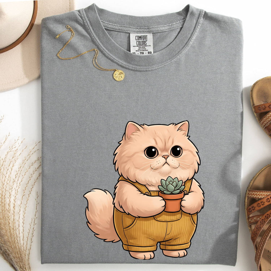 Fluffy Cat Shirt for Women – Floral Succulent Garden Kitten Graphic Tee