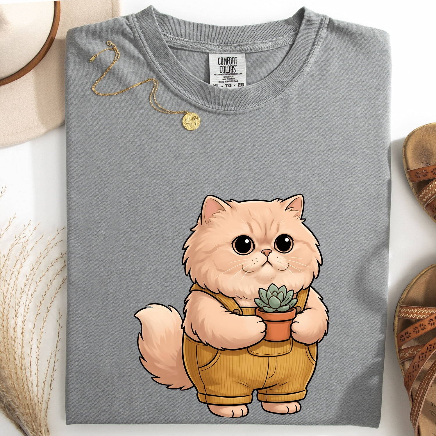 Fluffy Cat Shirt for Women – Floral Succulent Garden Kitten Graphic Tee