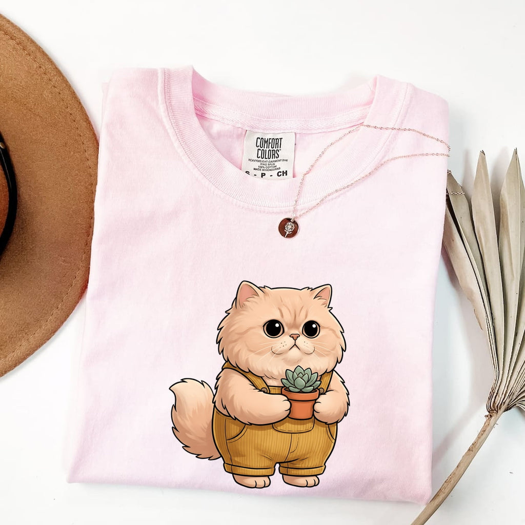 Fluffy Cat Shirt for Women – Floral Succulent Garden Kitten Graphic Tee