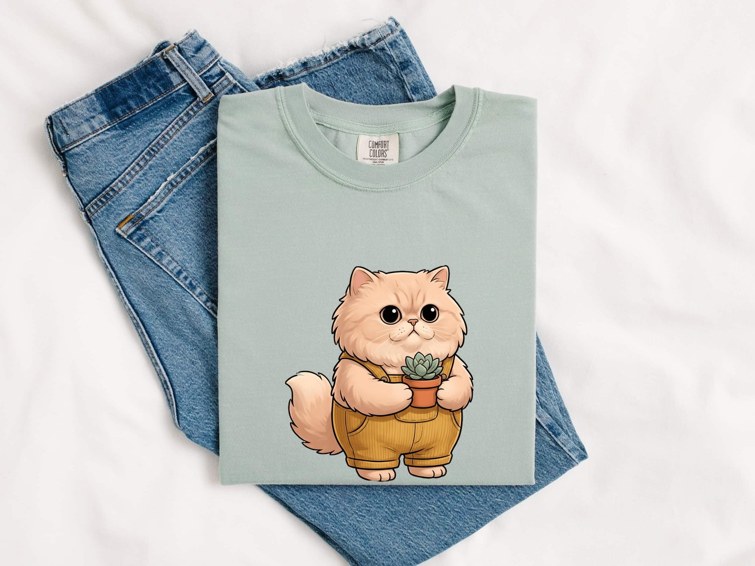 Fluffy Cat Shirt for Women – Floral Succulent Garden Kitten Graphic Tee