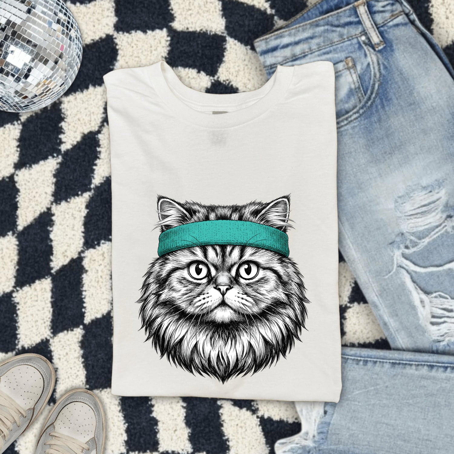 Tabby Cat Shirt for Women – Vintage Hand Drawn Headband Kitty Graphic Tee
