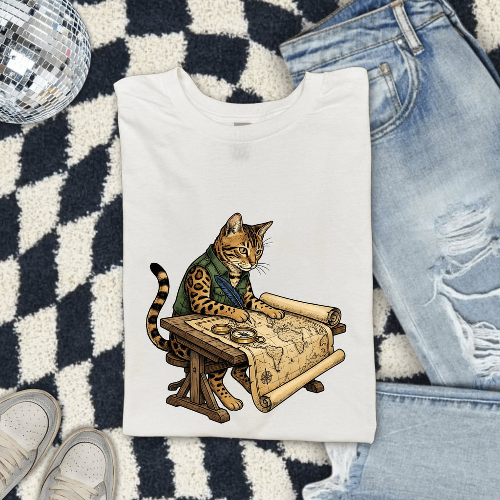 Explorer Cat Shirt for Women – Vintage Hand Drawn Travel Map Graphic Tee