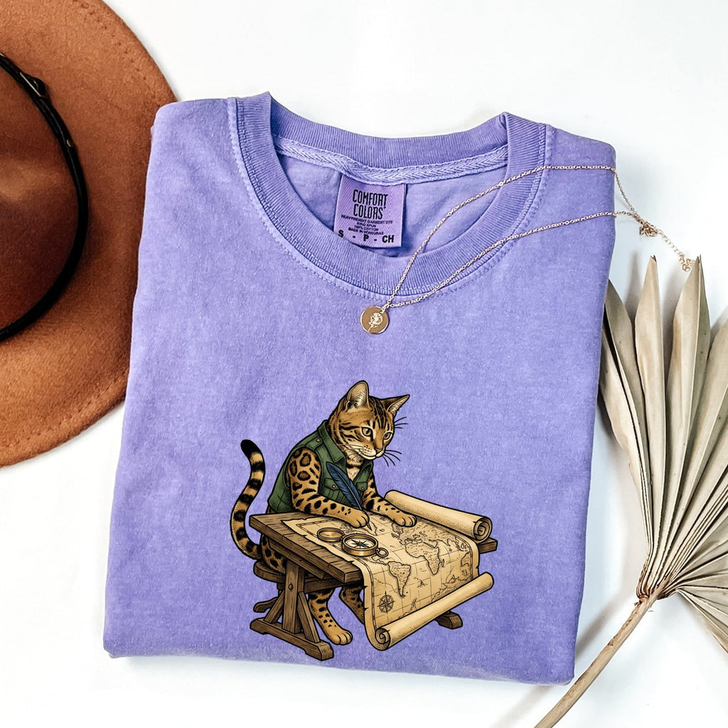 Explorer Cat Shirt for Women – Vintage Hand Drawn Travel Map Graphic Tee