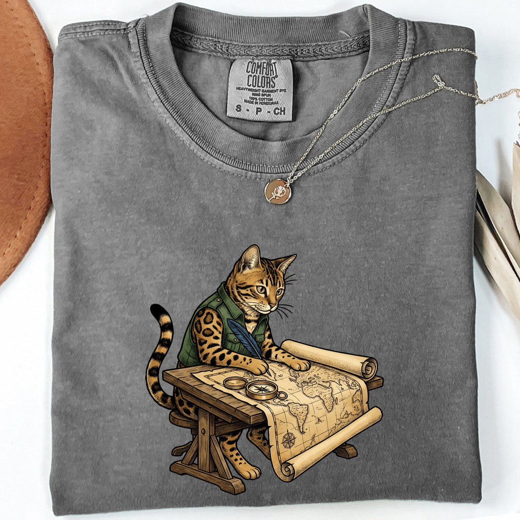Explorer Cat Shirt for Women – Vintage Hand Drawn Travel Map Graphic Tee