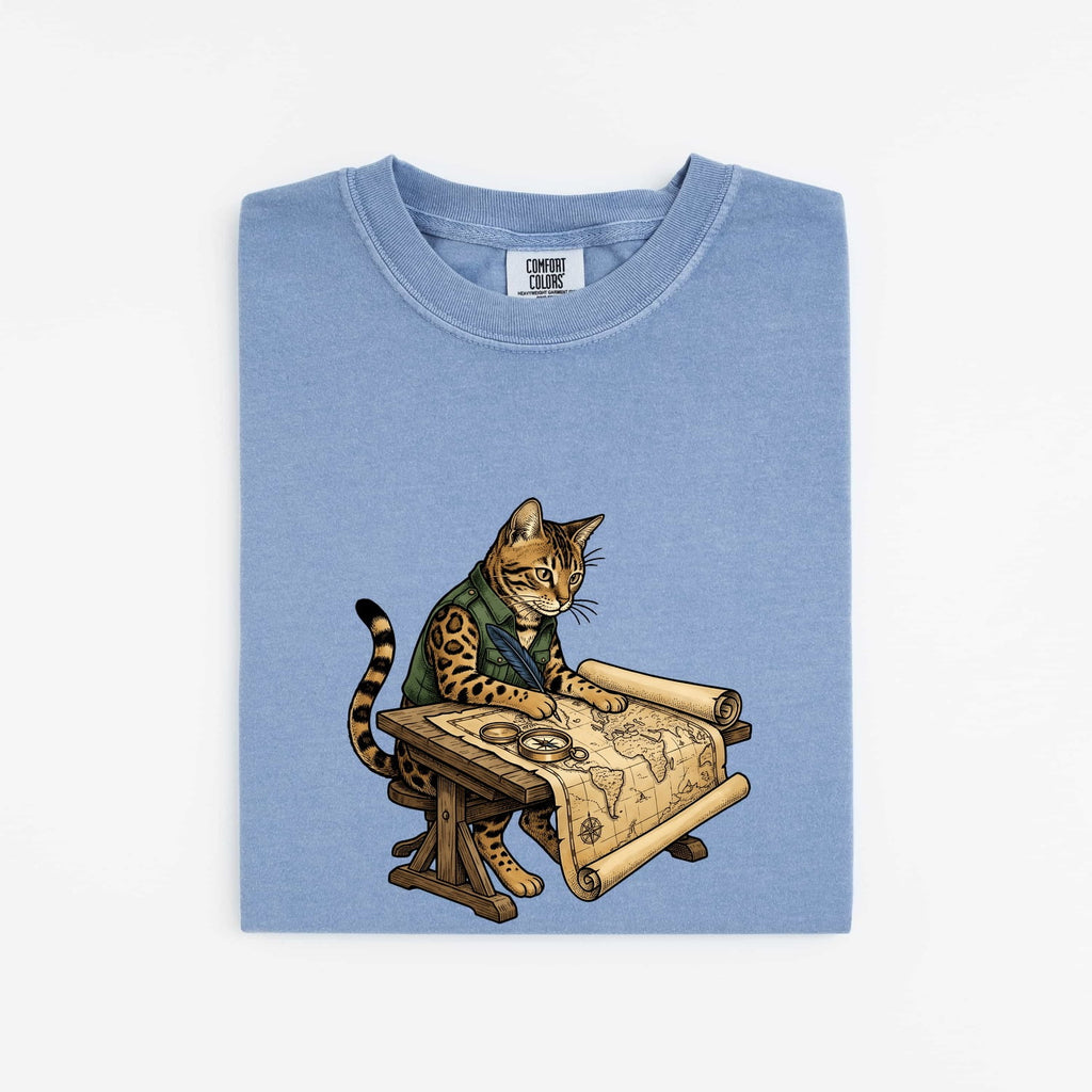 Explorer Cat Shirt for Women – Vintage Hand Drawn Travel Map Graphic Tee