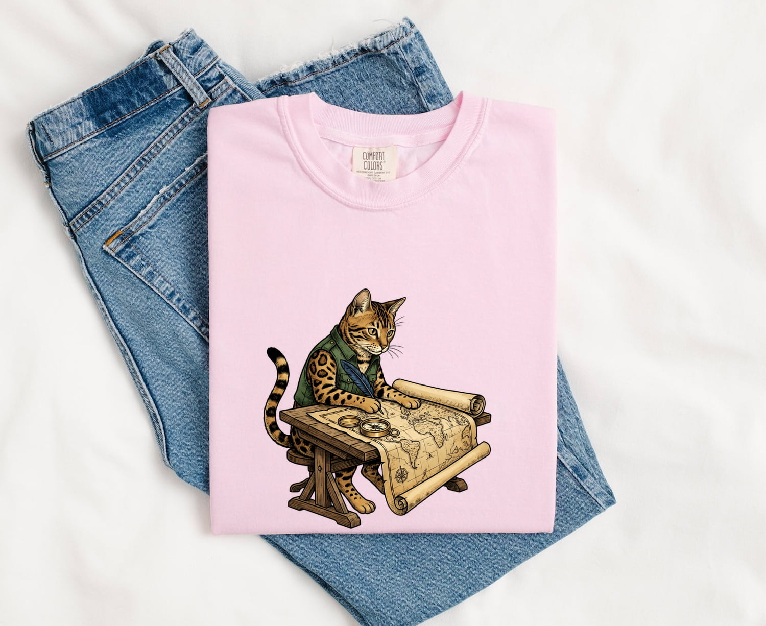 Explorer Cat Shirt for Women – Vintage Hand Drawn Travel Map Graphic Tee