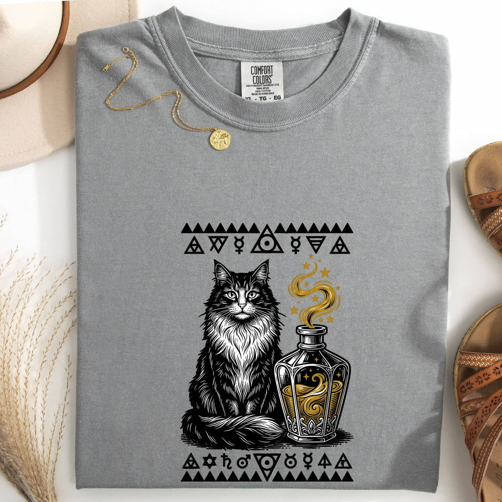 Black Cat Shirt for Women – Whimsical Hand Drawn Magic Elixir Graphic Tee
