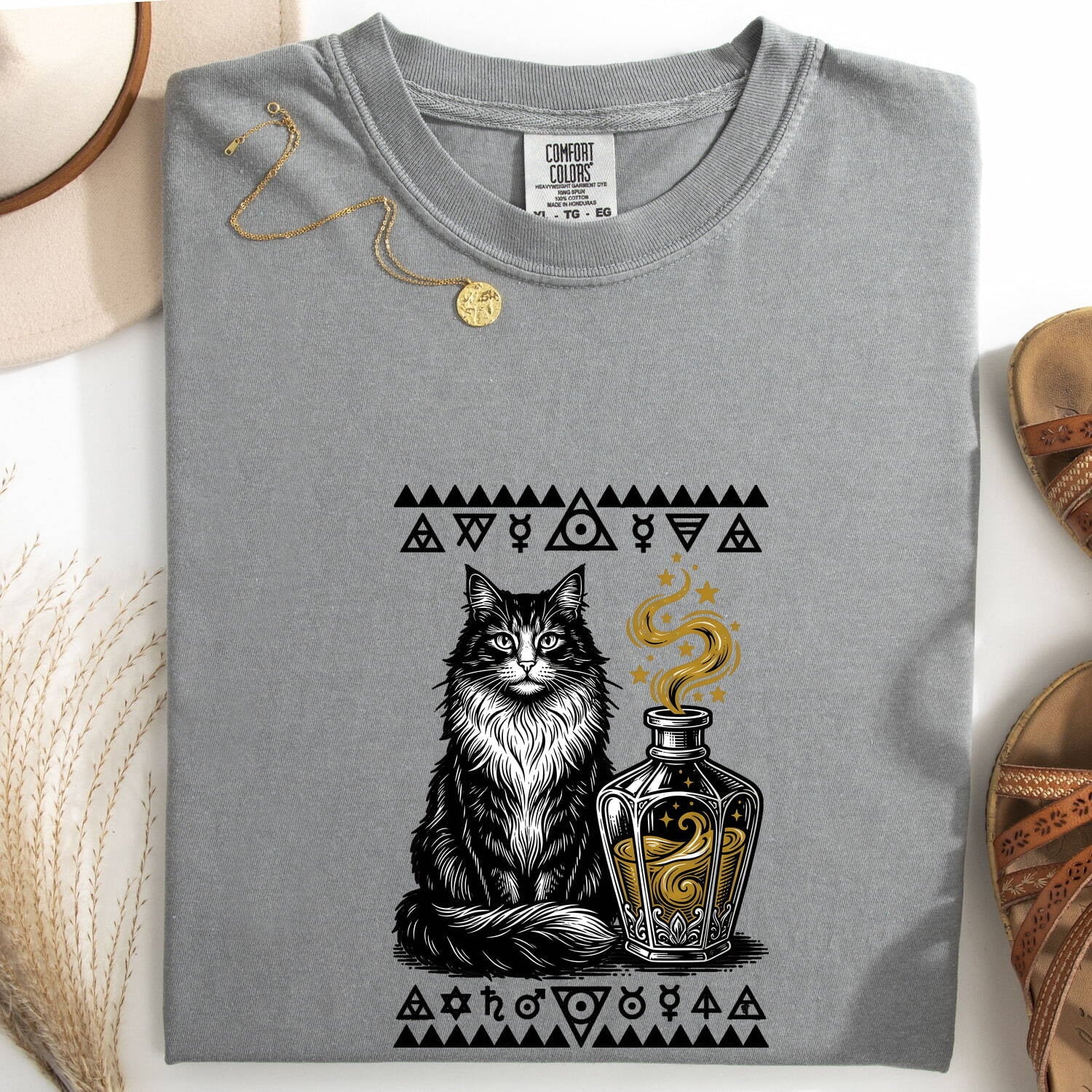 Black Cat Shirt for Women – Whimsical Hand Drawn Magic Elixir Graphic Tee