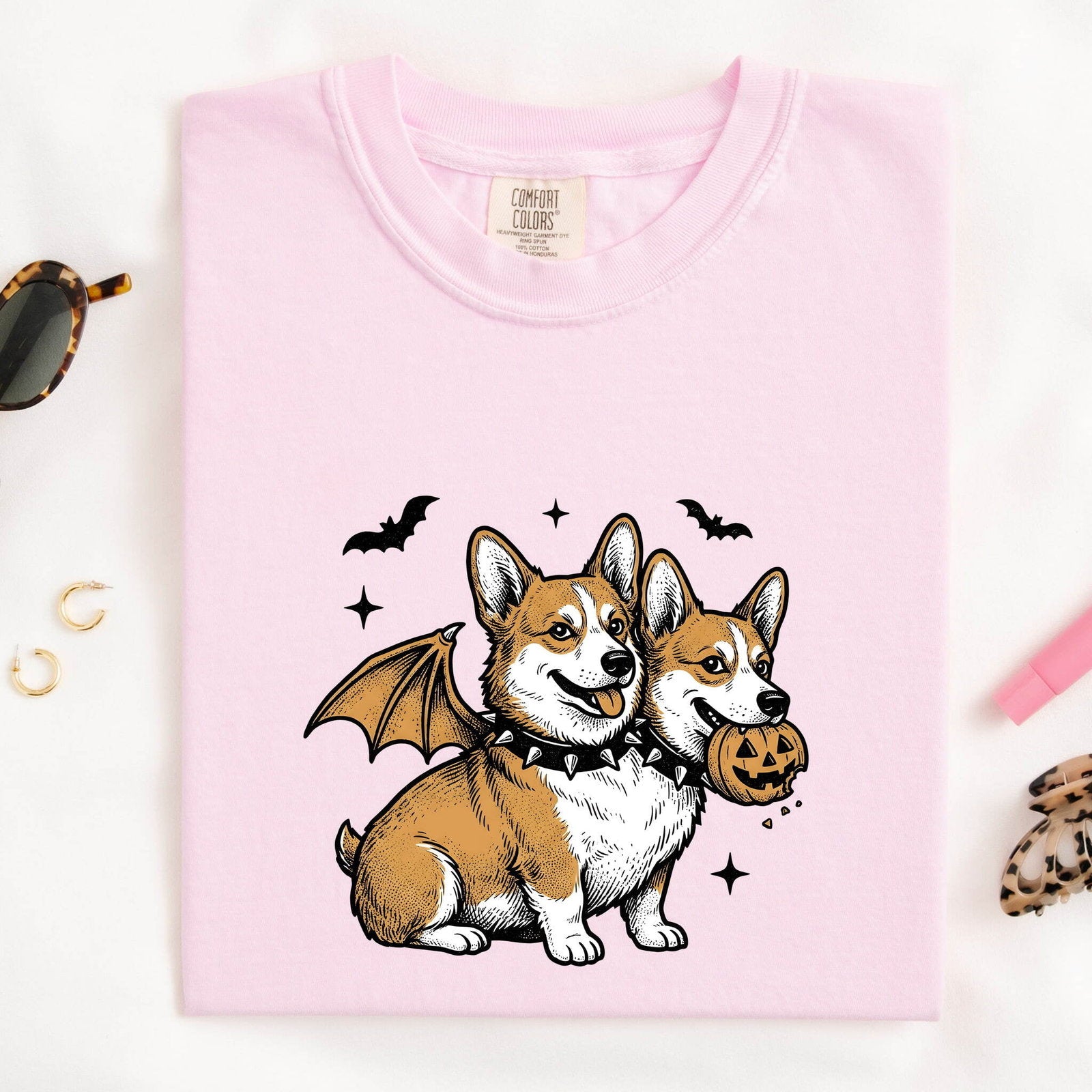 Corgi Pet Shirt Halloween Animal Gift Women Line Art Tee Dog T-Shirt Horror Fan Illustration Graphic Tshirt Cartoon Gourd Tshirt