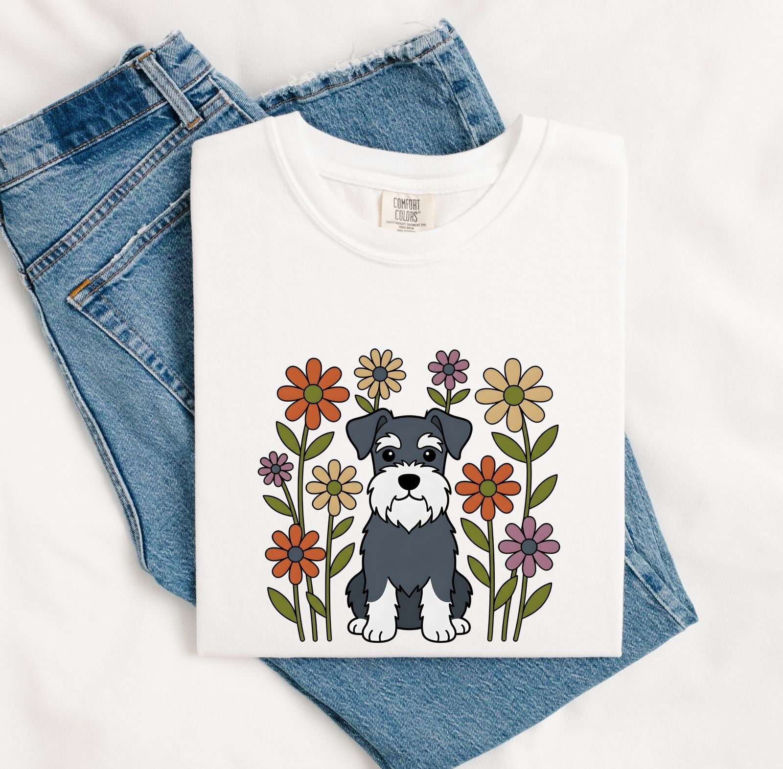 Schnauzer Pet Shirt Dog Botanical Gift Women Animated Tee Dog T-Shirt Dog Fan Cartoon Tshirt Floral Graphic Doodle Floral Bouquet Tshirt