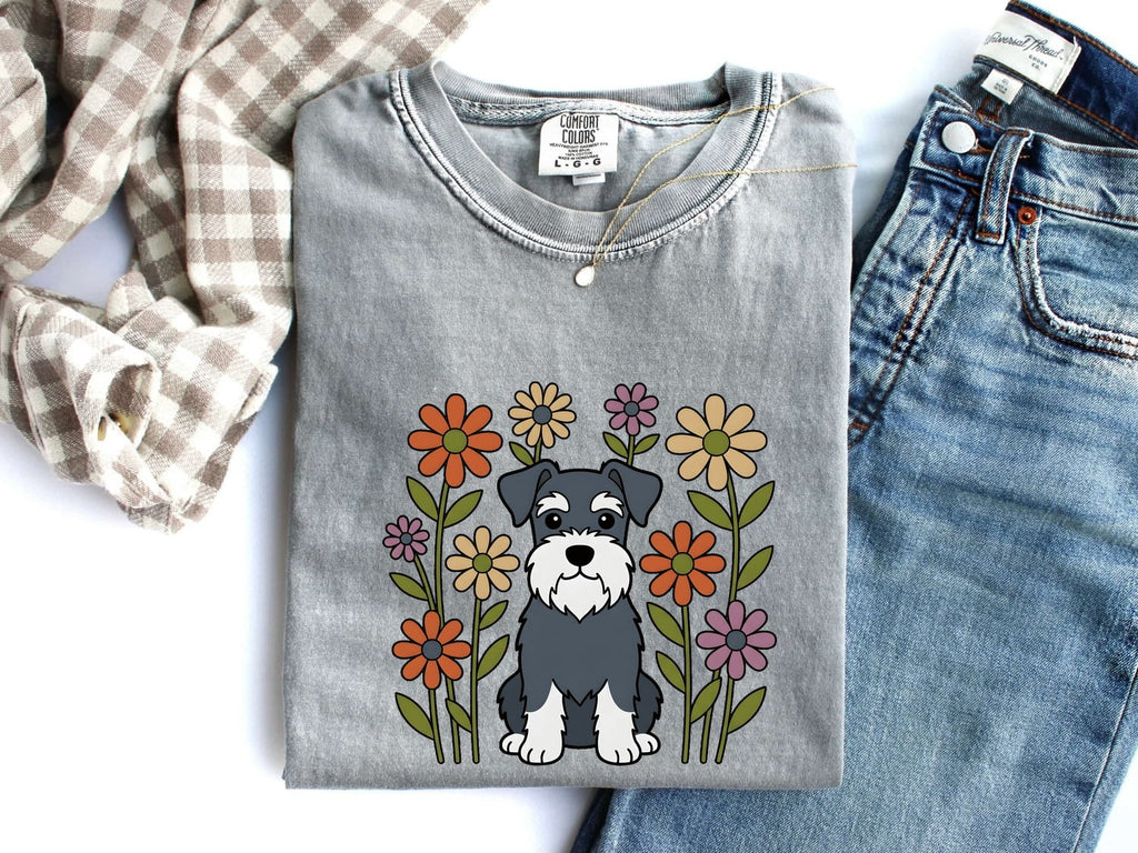 Schnauzer Pet Shirt Dog Botanical Gift Women Animated Tee Dog T-Shirt Dog Fan Cartoon Tshirt Floral Graphic Doodle Floral Bouquet Tshirt