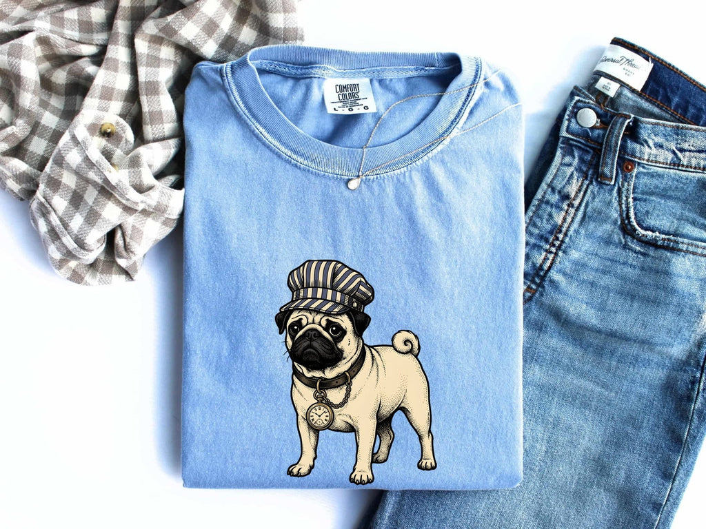 Pug Pet Shirt Dog Wildlife Gift Women Classic Tee Pug T-Shirt Dog Fan Vintage Tshirt Wildlife Illustration Ink Drawing Vintage Clock Tshirt