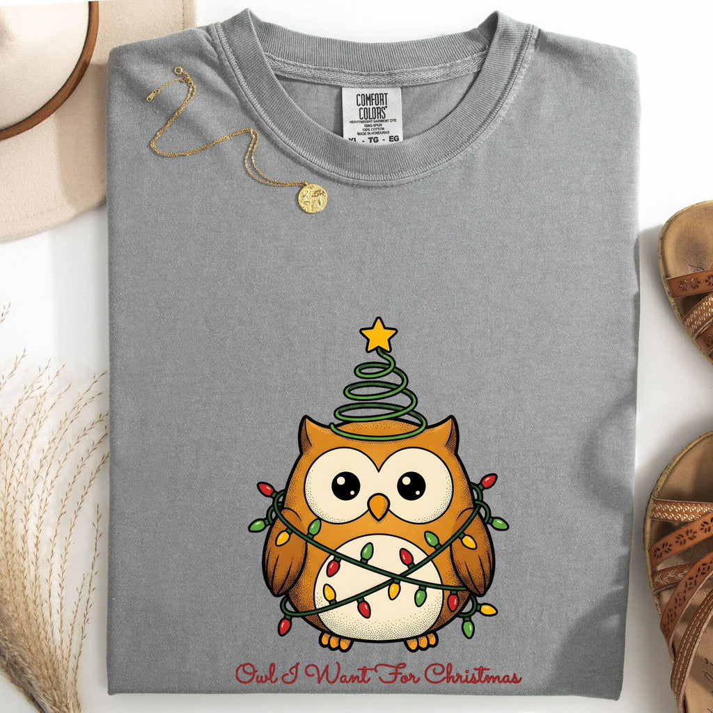 Owl Shirt Christmas Pets Gift Women Comic Tee Hoot Owl T-Shirt Xmas Fan Owl Art Tshirt Animal Graphic Sketch Holiday Lights Tshirt