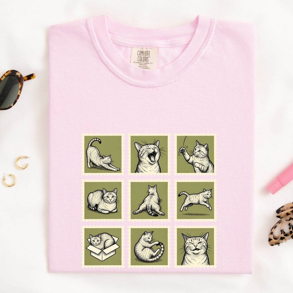 Cat Postage Shirt Cat Pet Gift Women Doodle Tee Stamp T-Shirt Cat Fan Feline Tshirt Animal Graphic Minimalist Crate Tshirt