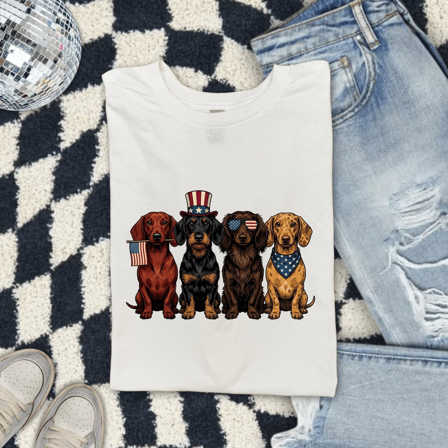 Miniature Dachshund Shirt for Women – Vintage Old School Patriotic Wiener Dog Graphic Tee