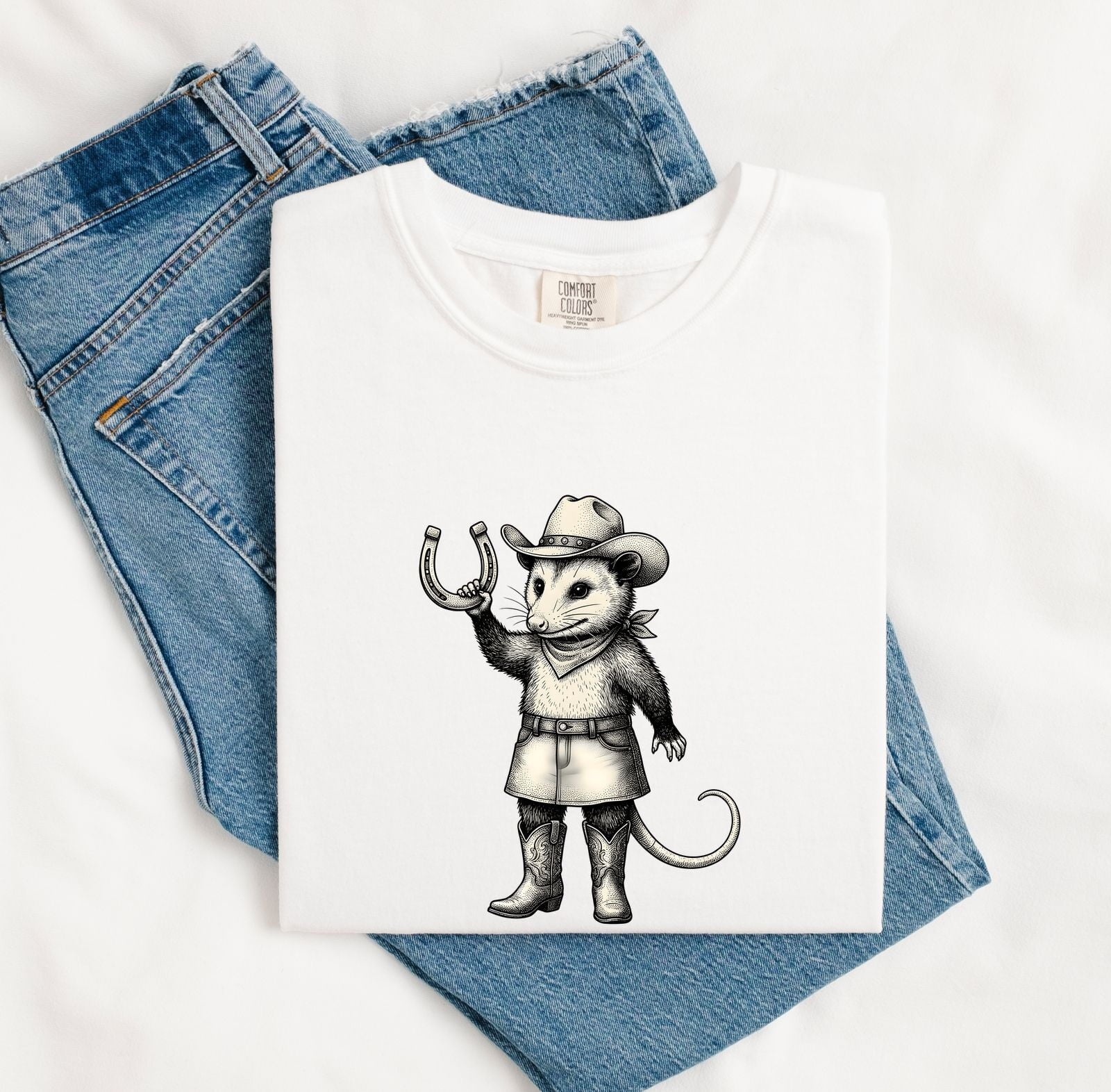 Opossum Rancher Shirt for Women – Cowgirl Line Art Iron Horseshoe Possum Graphic Tee