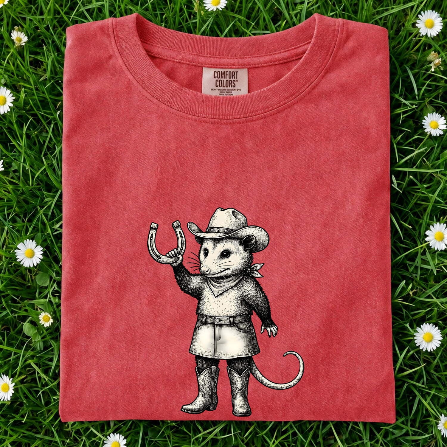 Opossum Rancher Shirt for Women – Cowgirl Line Art Iron Horseshoe Possum Graphic Tee