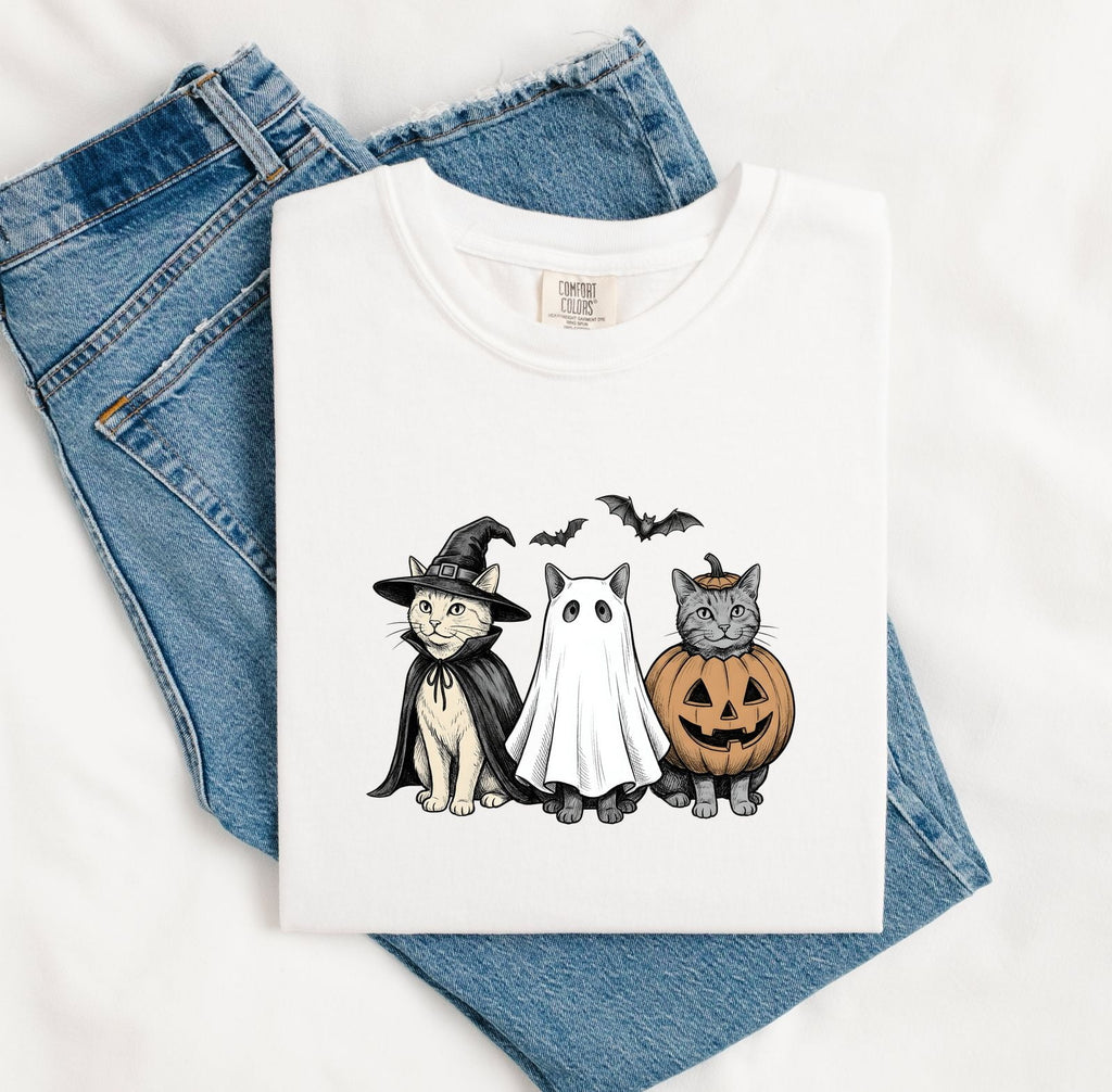 Kitty Outfit Shirt for Women – Halloween Retro Sketch Cat Costume Jack-O-Lantern Graphic Tee