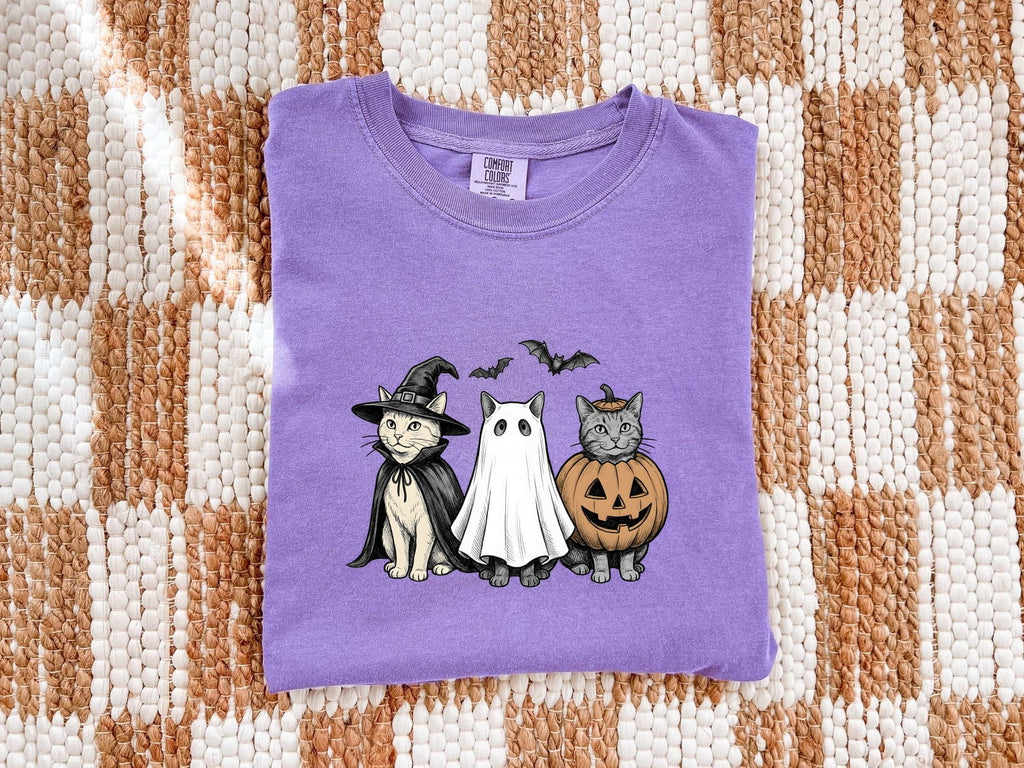 Kitty Outfit Shirt for Women – Halloween Retro Sketch Cat Costume Jack-O-Lantern Graphic Tee