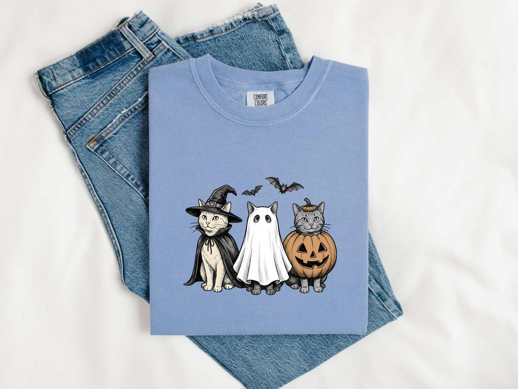 Kitty Outfit Shirt for Women – Halloween Retro Sketch Cat Costume Jack-O-Lantern Graphic Tee