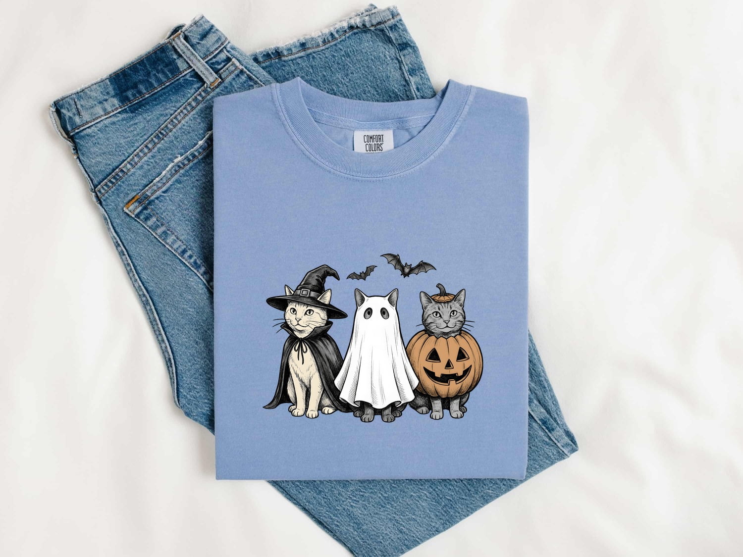 Kitty Outfit Shirt for Women – Halloween Retro Sketch Cat Costume Jack-O-Lantern Graphic Tee