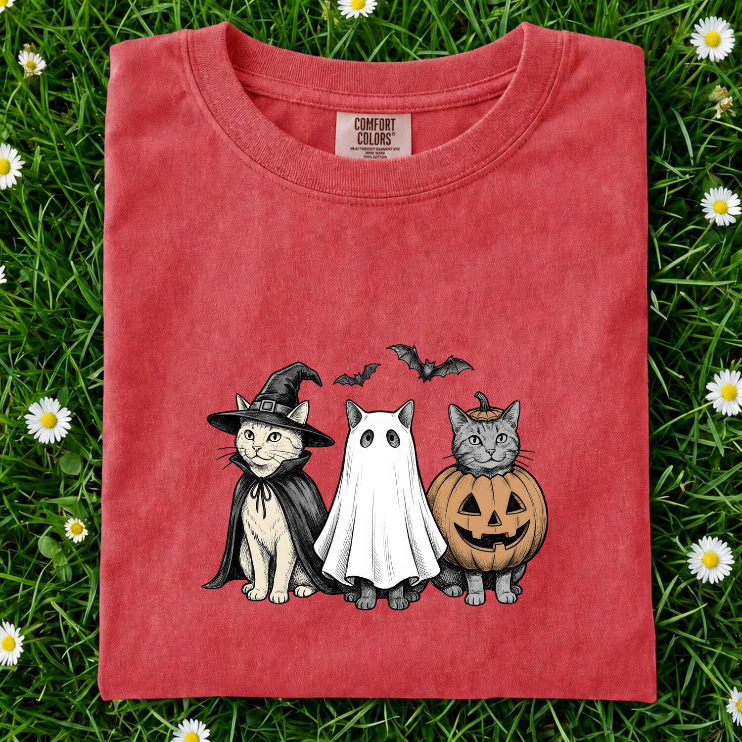 Kitty Outfit Shirt for Women – Halloween Retro Sketch Cat Costume Jack-O-Lantern Graphic Tee