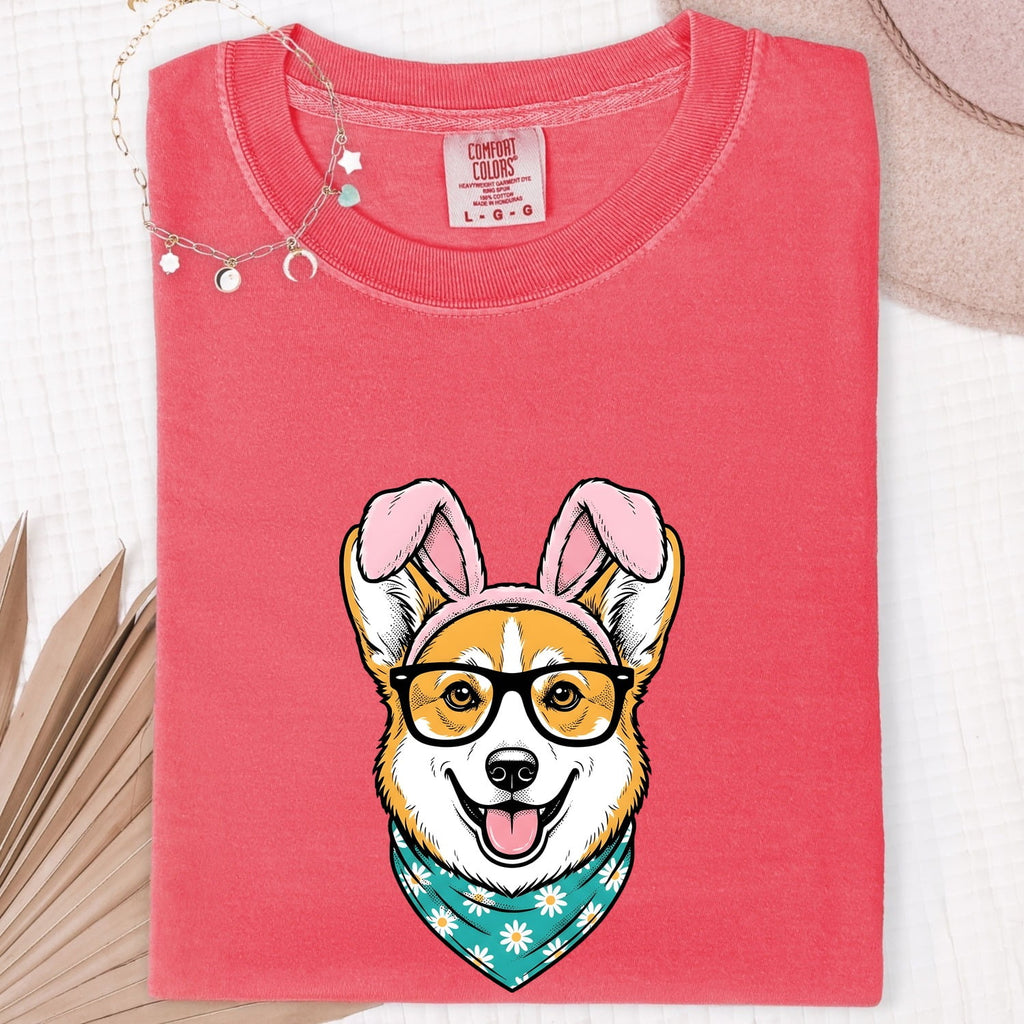 Corgi Puppy Shirt Easter Pet Gift Women Comic Tee Puppy T-Shirt Easter Fan Corgi Tshirt Animal Graphic Sketch Rabbit Ears Tshirt