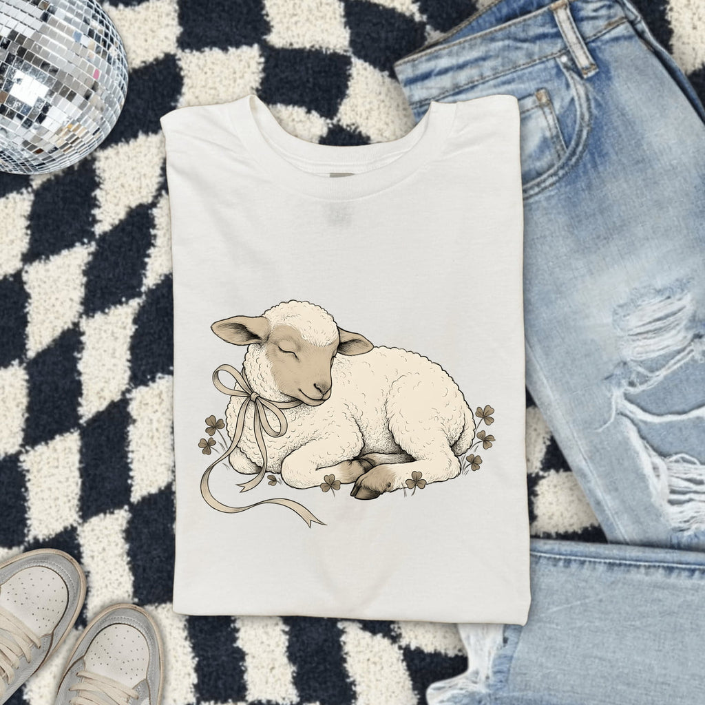 Newborn Lamb Shirt for Women – Easter Retro Sketch Sheep Shamrock Graphic Tee