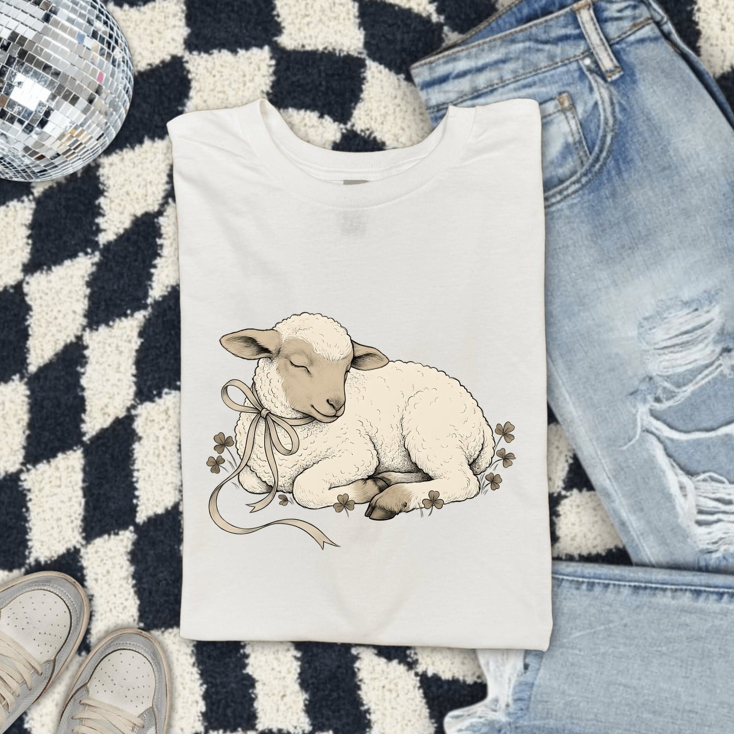 Newborn Lamb Shirt for Women – Easter Retro Sketch Sheep Shamrock Graphic Tee