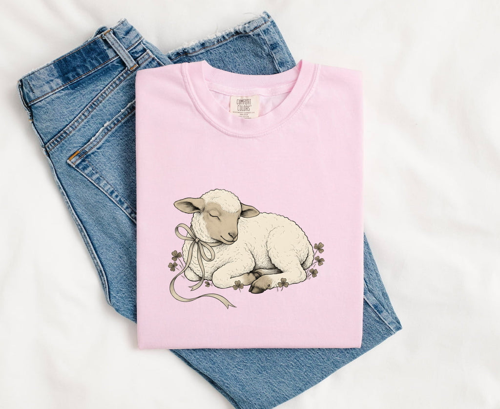Newborn Lamb Shirt for Women – Easter Retro Sketch Sheep Shamrock Graphic Tee