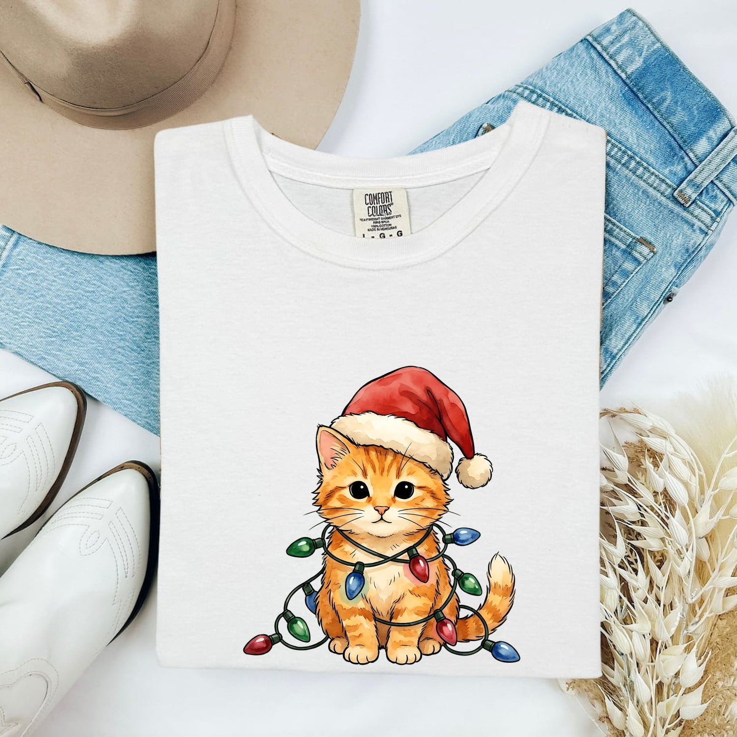 Ginger Kitty Shirt Christmas Pet Gift Women Adorable Tee Cat T-Shirt Xmas Fan Cute Tshirt Animal Graphic Brushwork Holiday Hat Tshirt