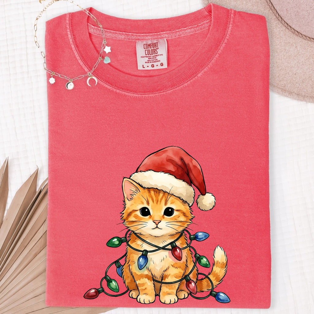 Ginger Kitty Shirt Christmas Pet Gift Women Adorable Tee Cat T-Shirt Xmas Fan Cute Tshirt Animal Graphic Brushwork Holiday Hat Tshirt