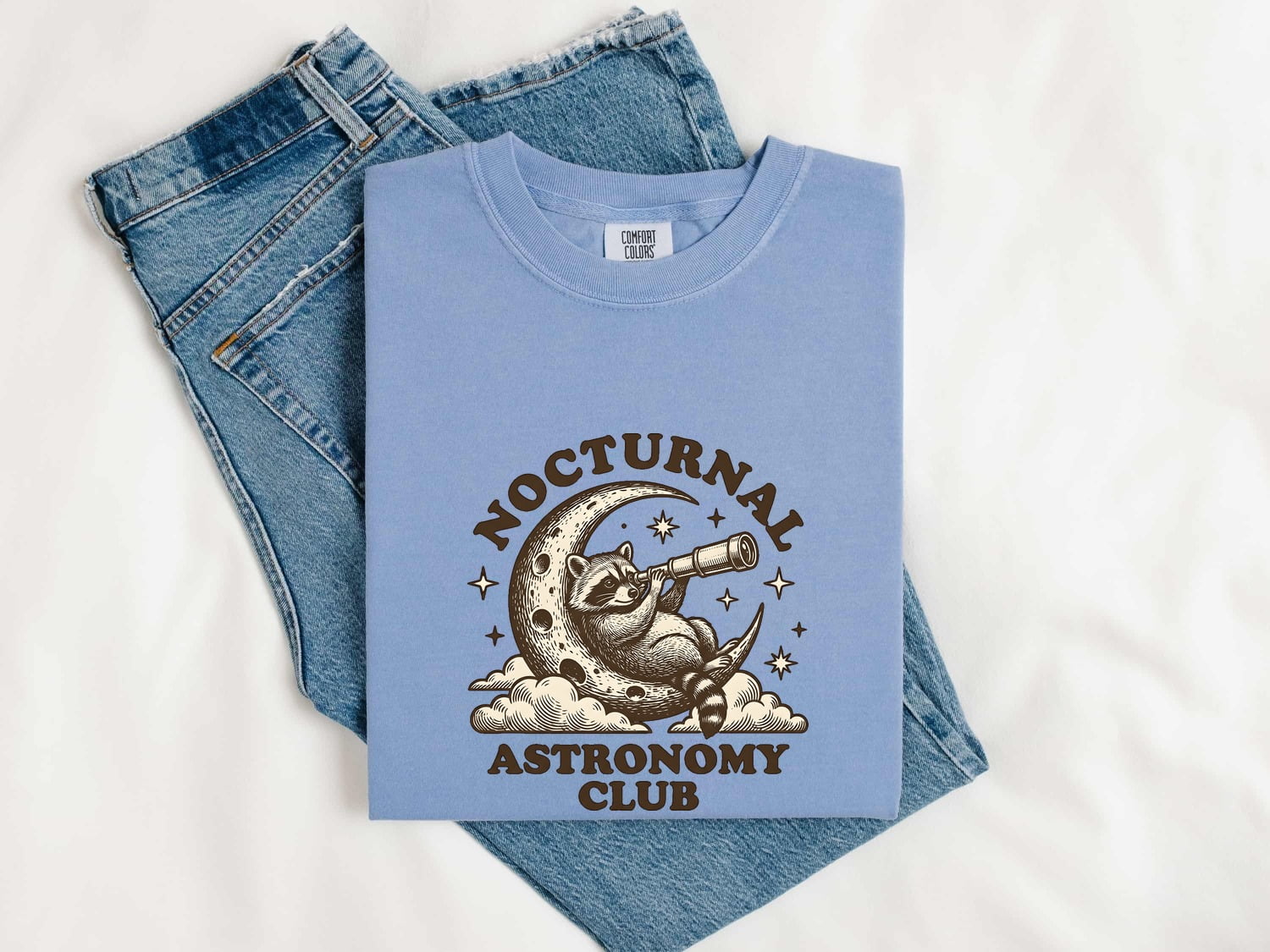 Raccoon Moon Shirt Astronomy Pets Gift Women Line Art Tee Moonlight T-Shirt Stargazer Fan Illustration Design Minimal Binoculars Tshirt