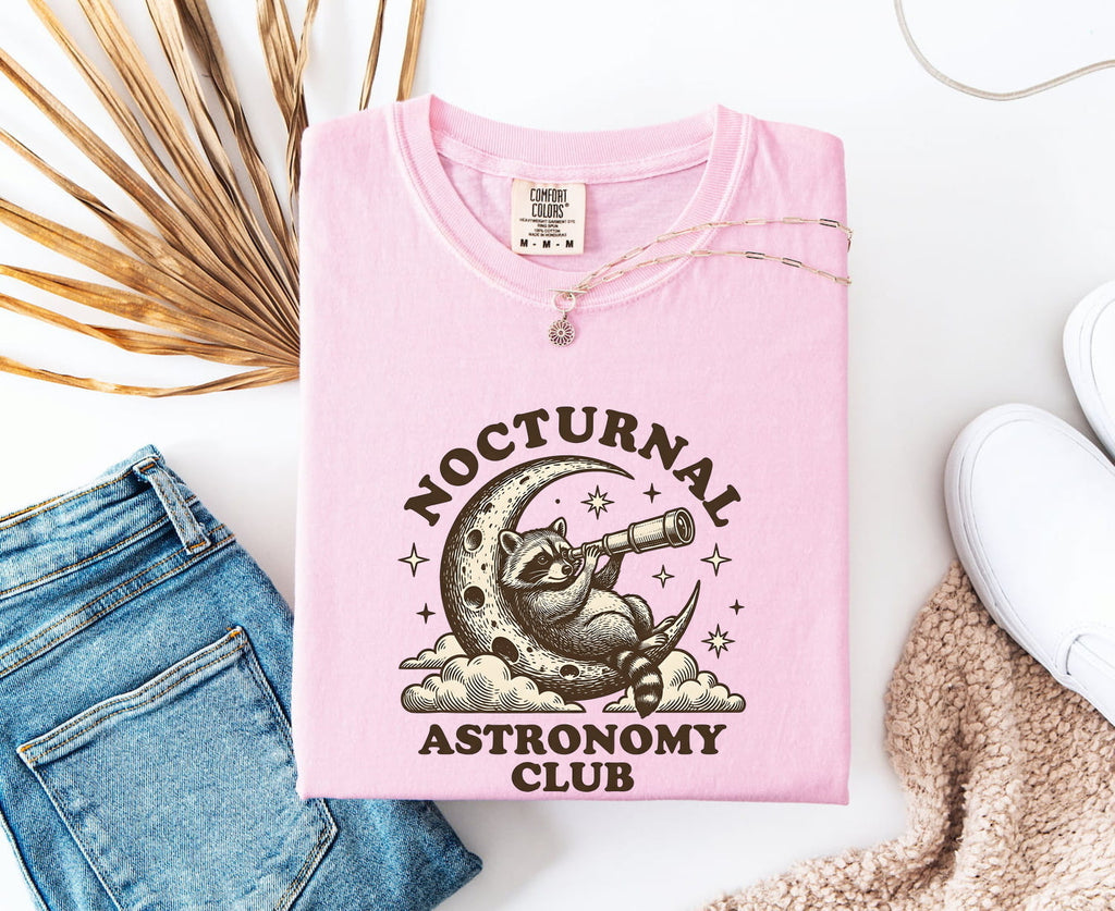 Raccoon Moon Shirt Astronomy Pets Gift Women Line Art Tee Moonlight T-Shirt Stargazer Fan Illustration Design Minimal Binoculars Tshirt