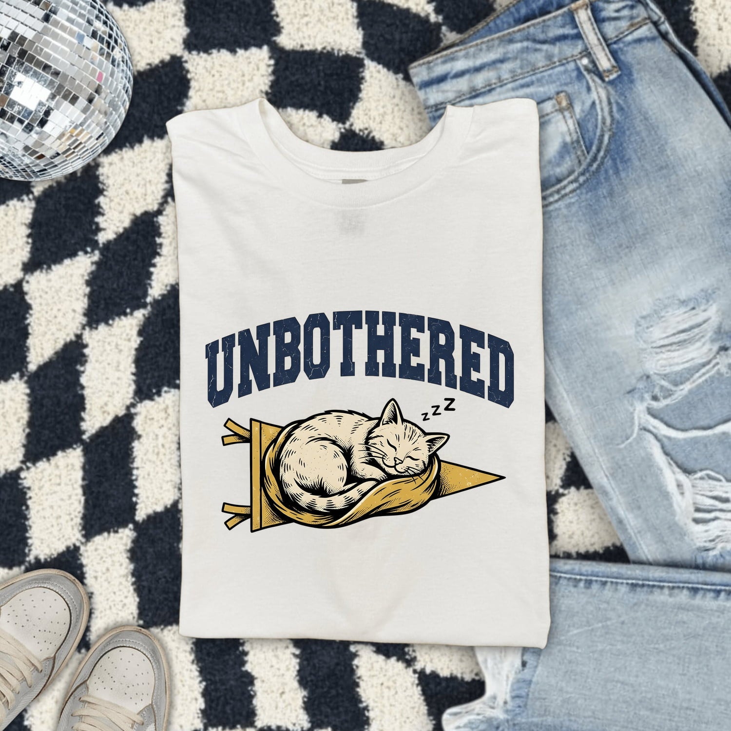Napping Cat Shirt for Women – Cottagecore Retro Vintage Sketch Ribbon Kitten Graphic Tee